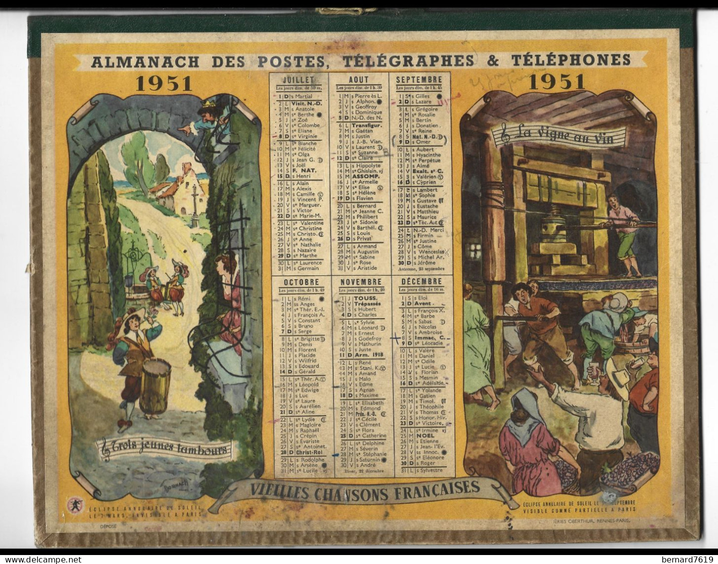 Almanach  Calendrier  P.T.T  -  La Poste -  1951 -  Vieilles Chansons Francaises - Tamaño Grande : 1941-60