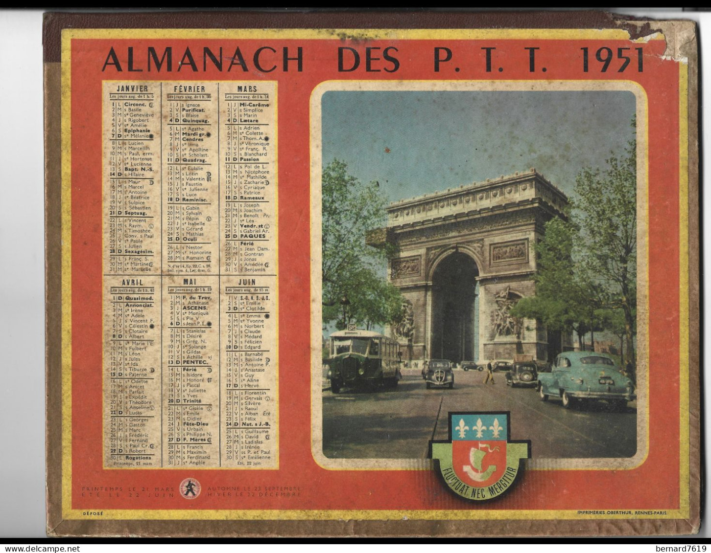 Almanach  Calendrier  P.T.T  -  La Poste -  1951 -  Arc De Triomphe - Pantheon - Grand Format : 1941-60