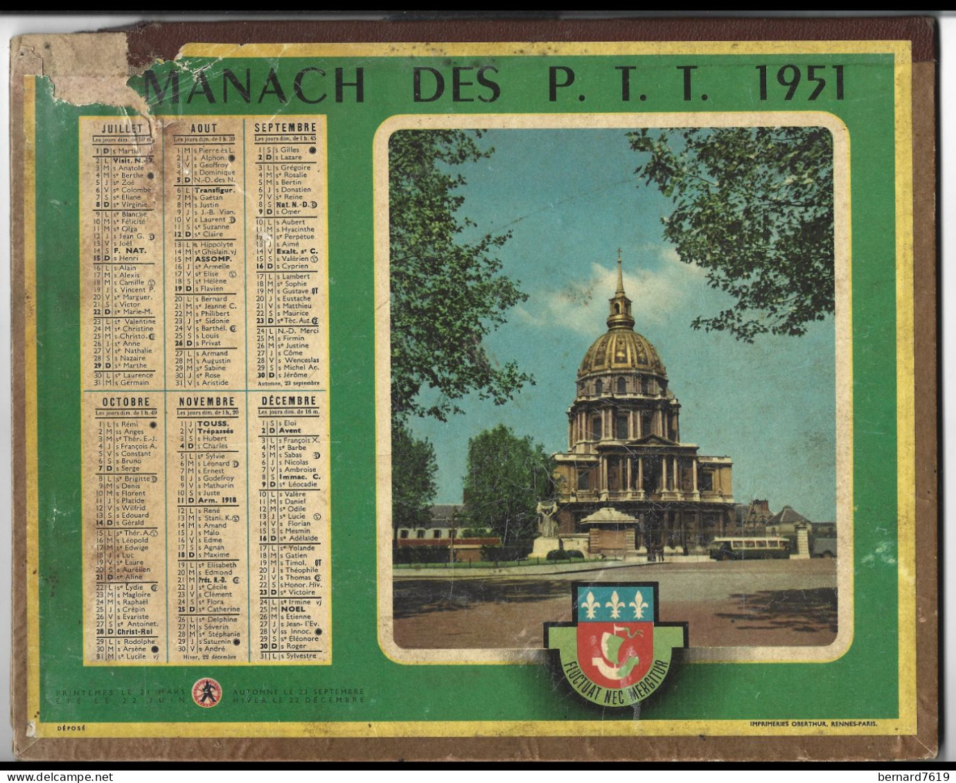 Almanach  Calendrier  P.T.T  -  La Poste -  1951 -  Arc De Triomphe - Pantheon - Tamaño Grande : 1941-60