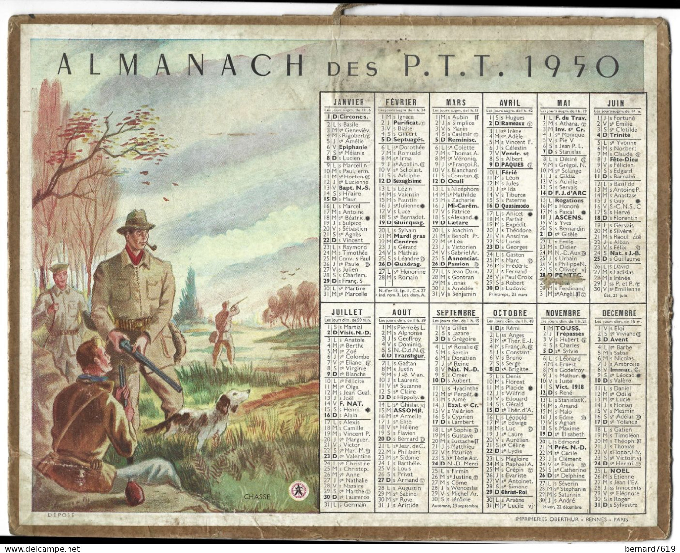 Almanach  Calendrier  P.T.T  -  La Poste -  1950 -  Chasse - Tamaño Grande : 1941-60