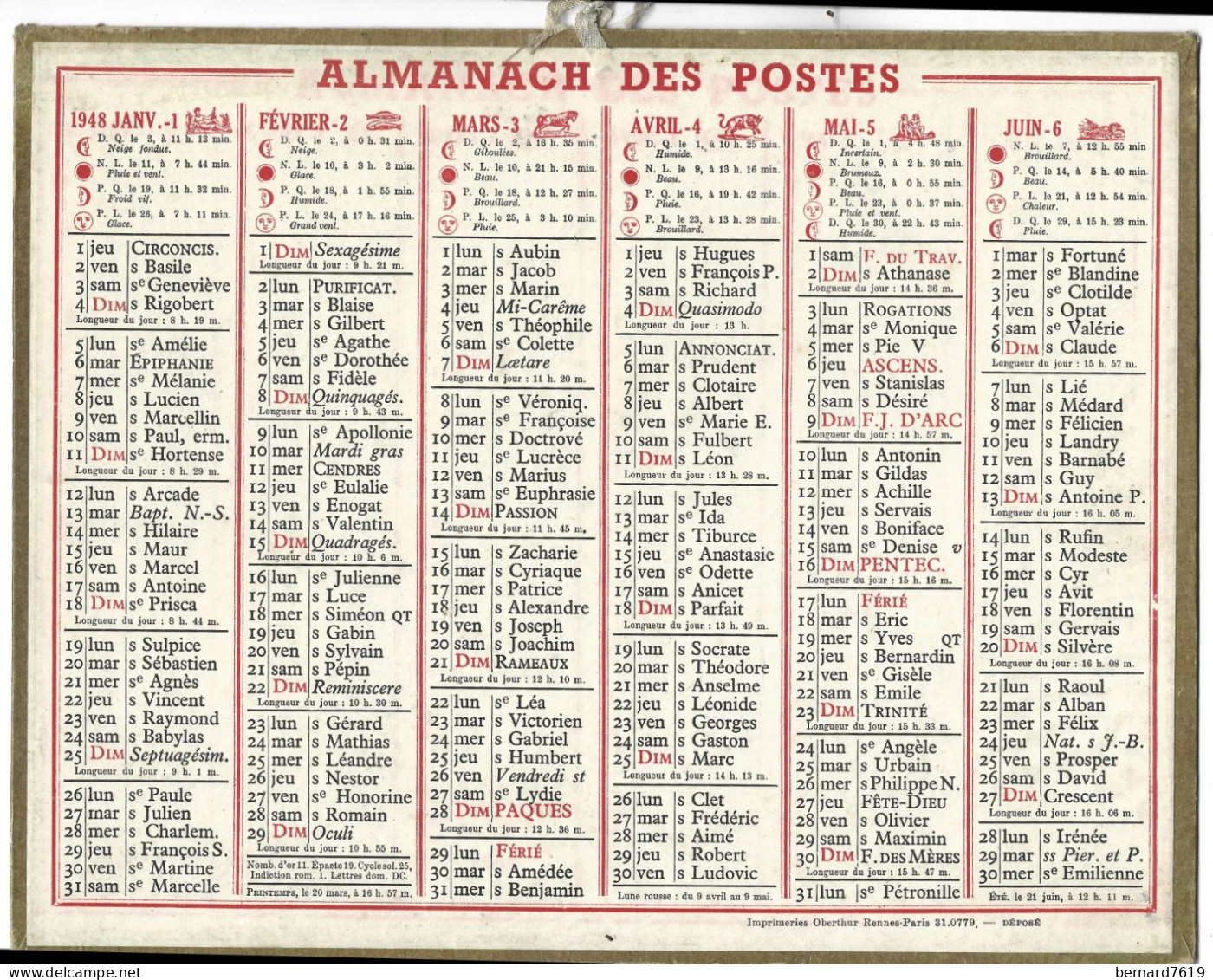 Almanach  Calendrier  P.T.T  -  La Poste -  1948 - - Groot Formaat: 1941-60