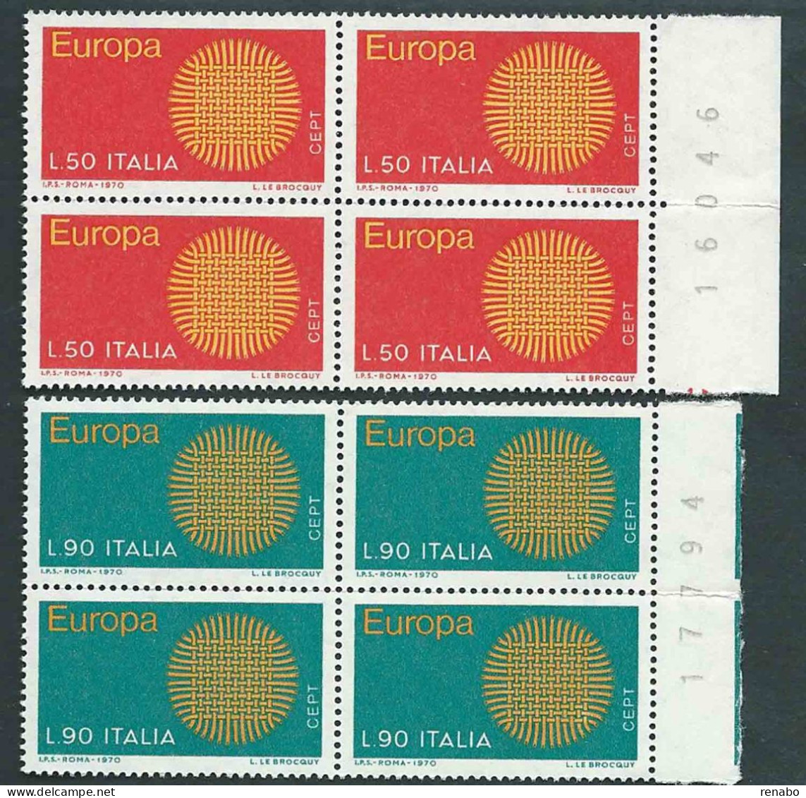 Italia 1970; EUROPA CEPT, Serie Completa In Quartine Con Il Numero Del Foglio Sul Bordo Destro. - 1961-70: Mint/hinged