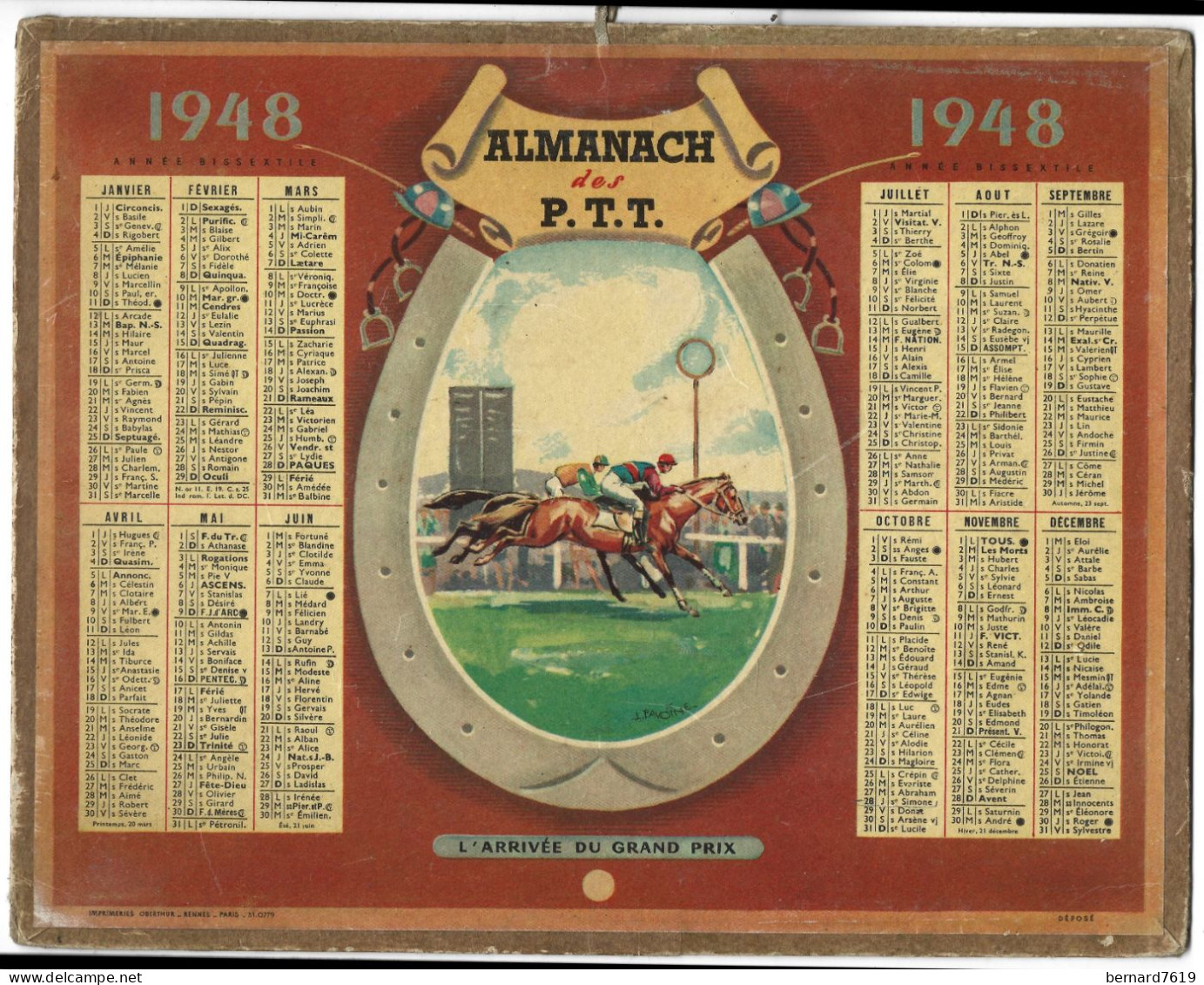 Almanach  Calendrier  P.T.T  -  La Poste -  1948 - L'arrivee Du Grand Prix -  Chevux De Course - Tamaño Grande : 1941-60