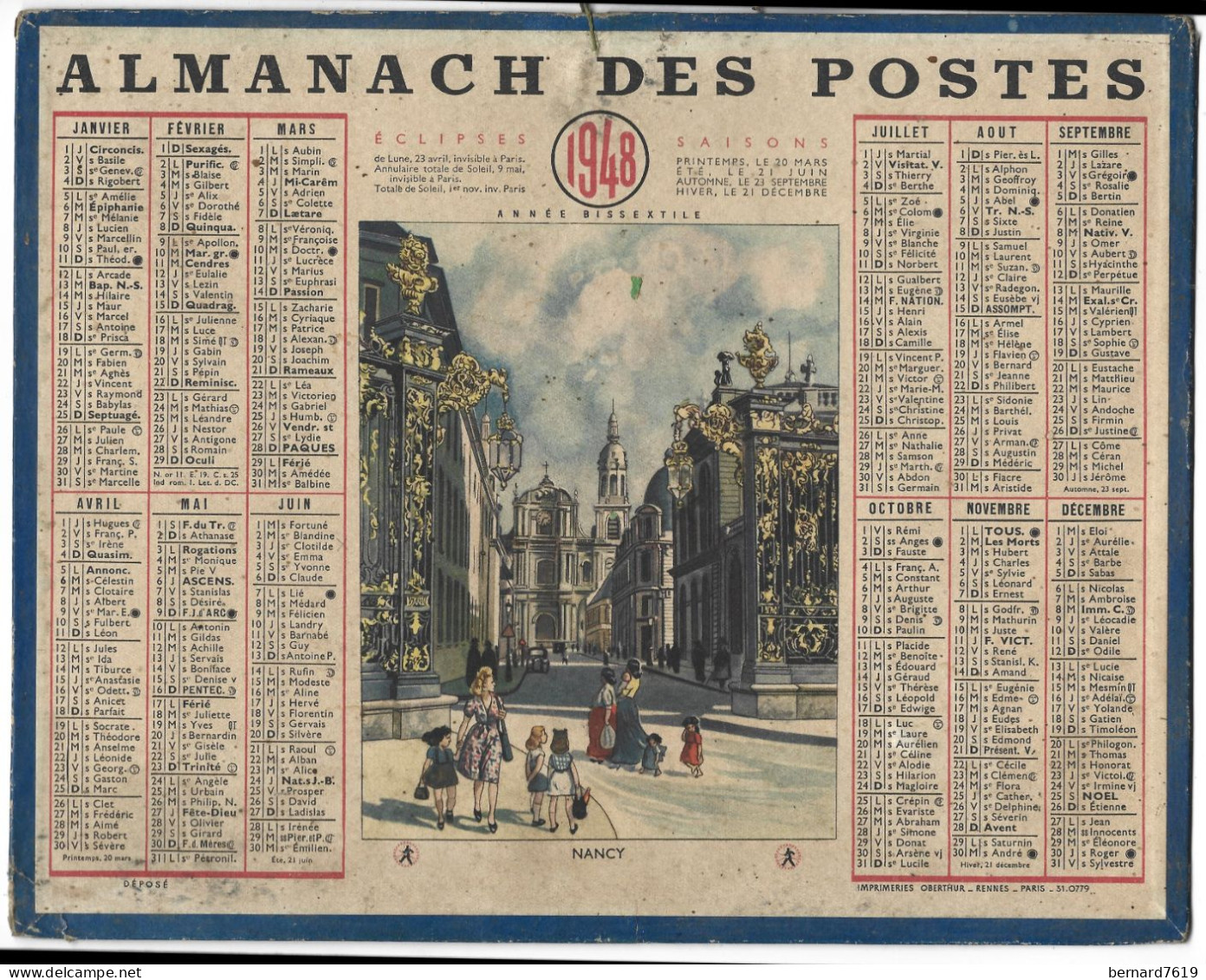 Almanach  Calendrier  P.T.T  -  La Poste -  1948 -  Nancy - Tamaño Grande : 1941-60