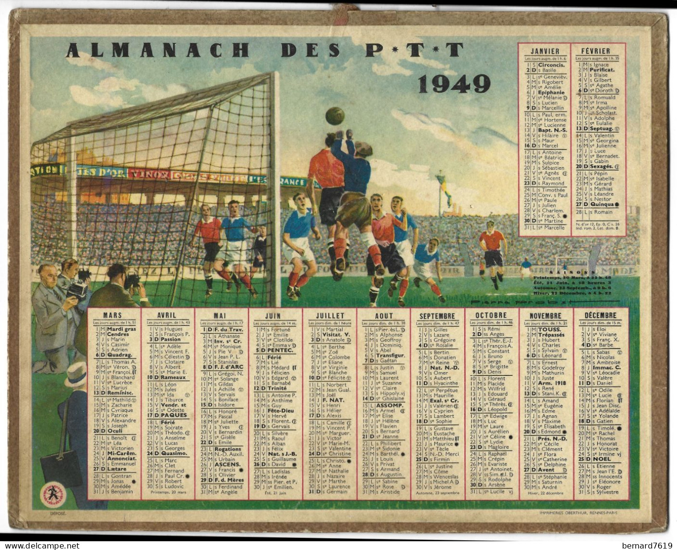 Almanach  Calendrier  P.T.T  -  La Poste -  1949  - Sport Football - Grand Format : 1941-60