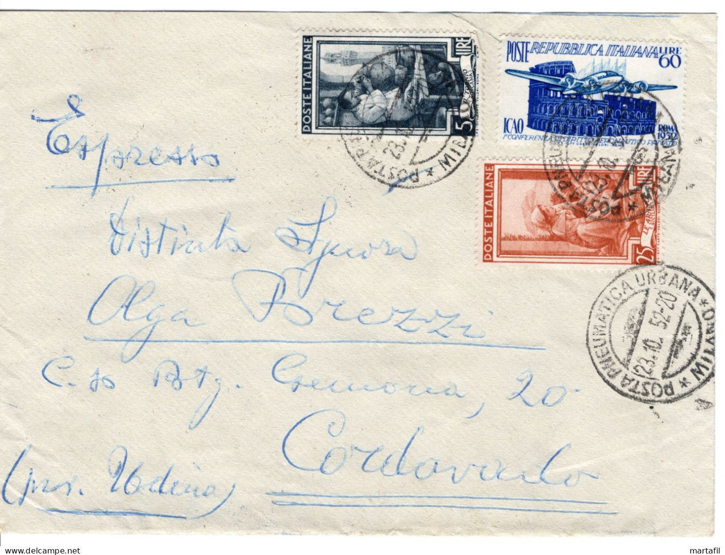 1952 Repubblica STORIA POSTALE Busta Affr. 60+25+5 Cat. +220 - 1946-60: Marcophilie