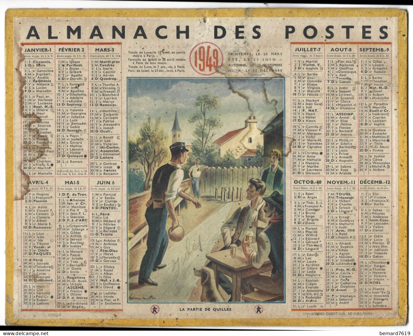 Almanach  Calendrier  P.T.T  -  La Poste -  1949  -  Jeux De Boules - Grand Format : 1941-60