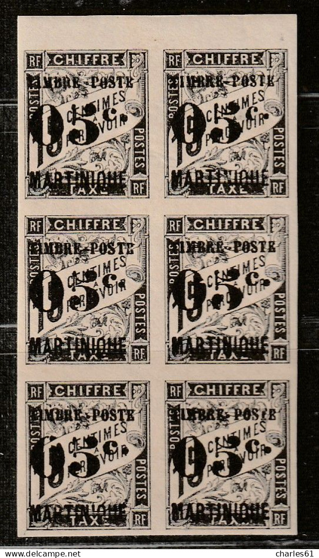 MARTINIQUE - N°20 ** Bloc De 6 (1891-92) Timbres-taxe-surchargé : 05 Sur 15c Noir - Neufs