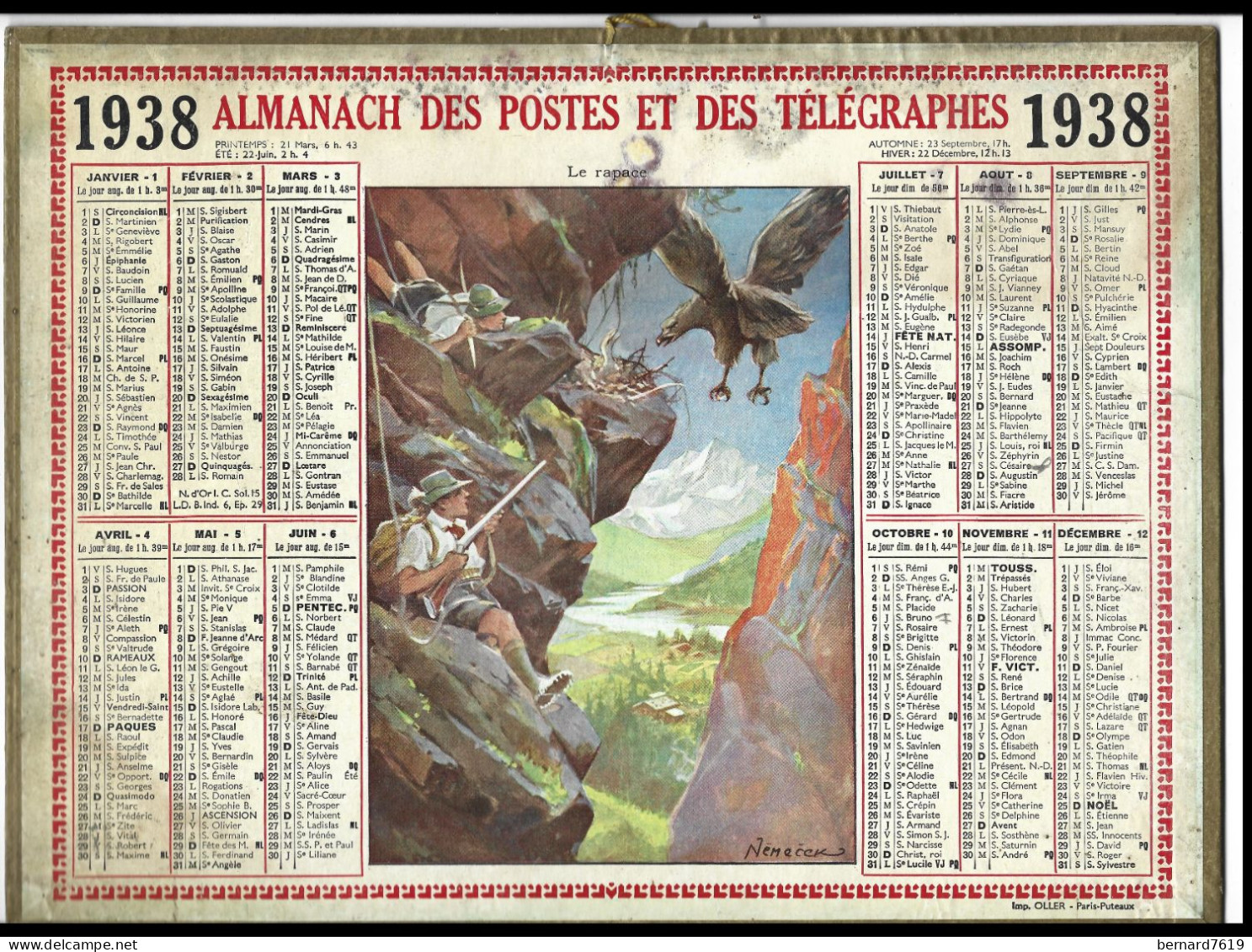 Almanach  Calendrier  P.T.T  -  La Poste -  1938  -  Le Rapace - Nemecck - Tamaño Grande : 1921-40