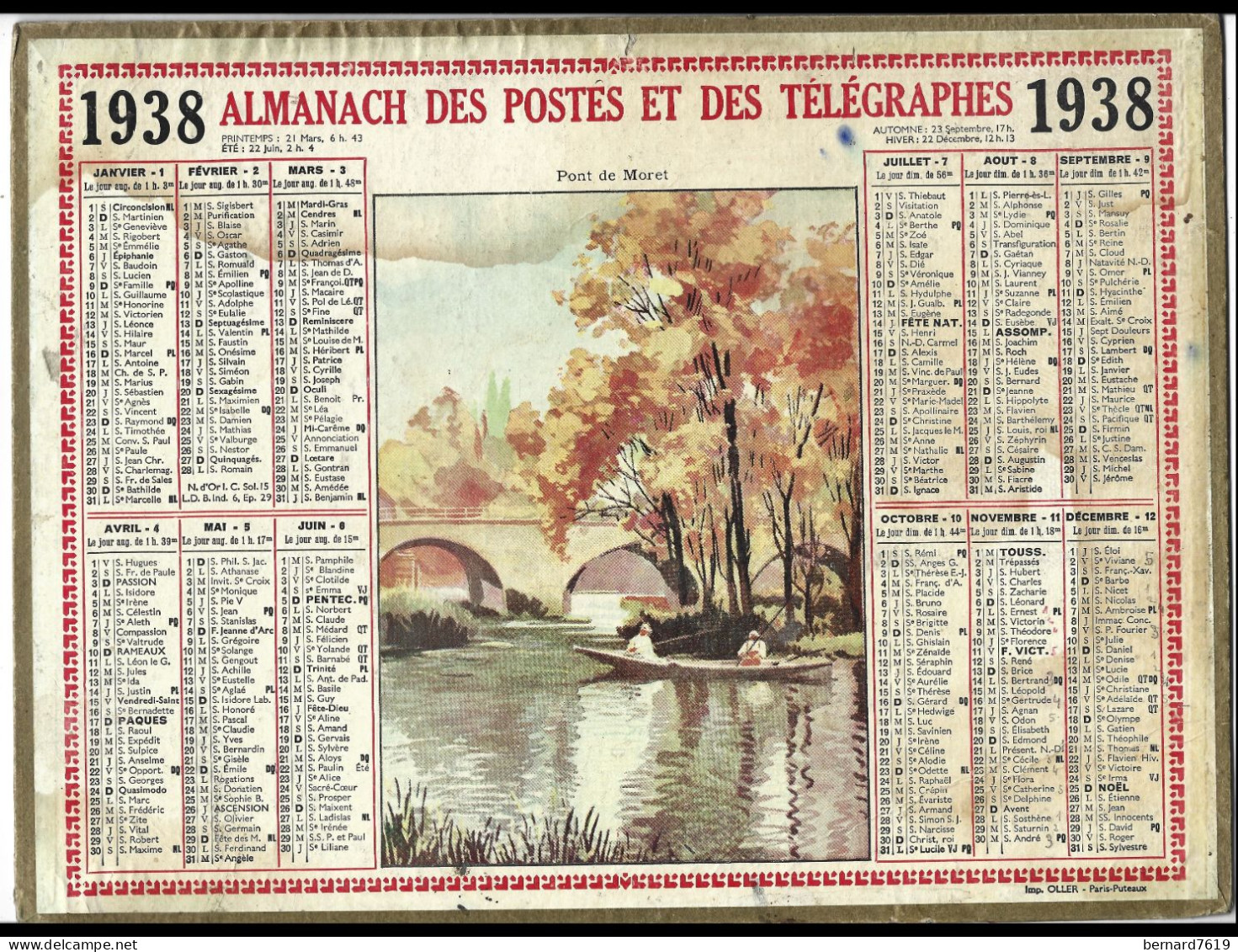Almanach  Calendrier  P.T.T  -  La Poste -  1938  -  Pont De Moret - Tamaño Grande : 1921-40