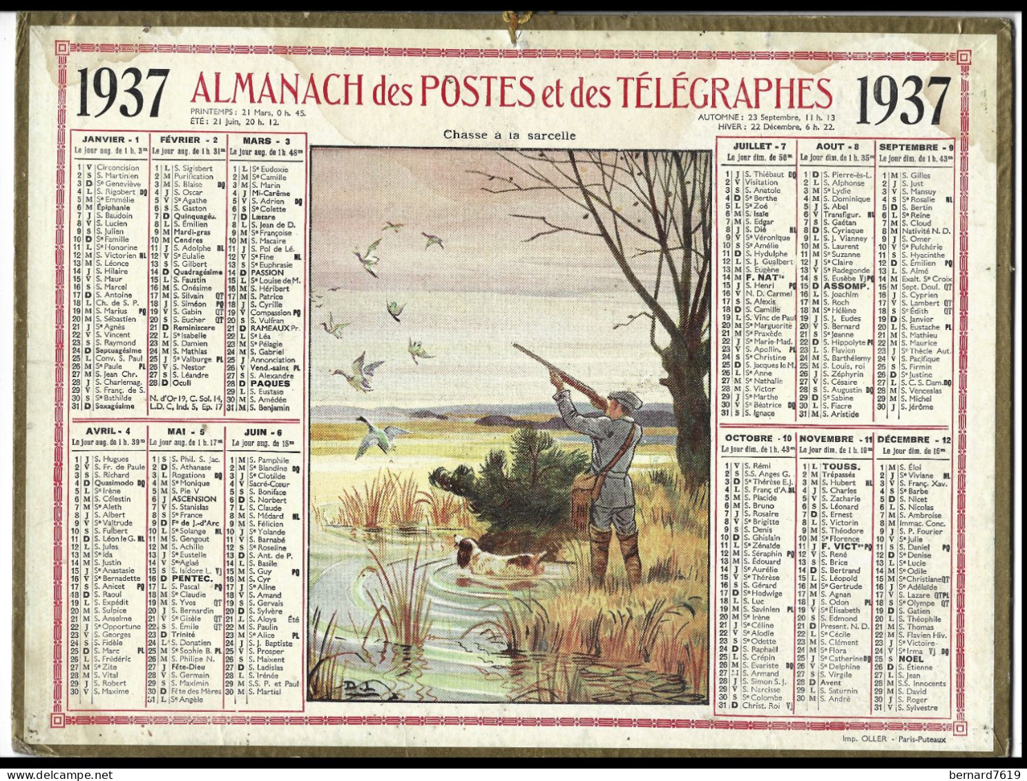 Almanach  Calendrier  P.T.T  -  La Poste -  1937  - Chasse A La Sarcelle - Tamaño Grande : 1921-40