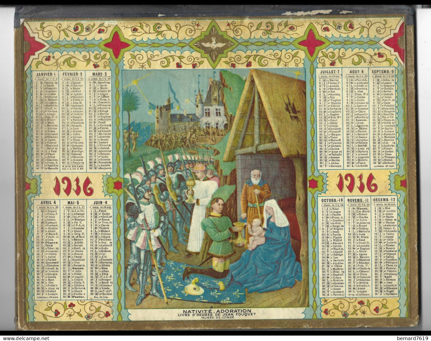 Almanach  Calendrier  P.T.T  -  La Poste -  1936  -  Nativite , Adoration Livre D'heure Jean Fouquet - Grossformat : 1921-40