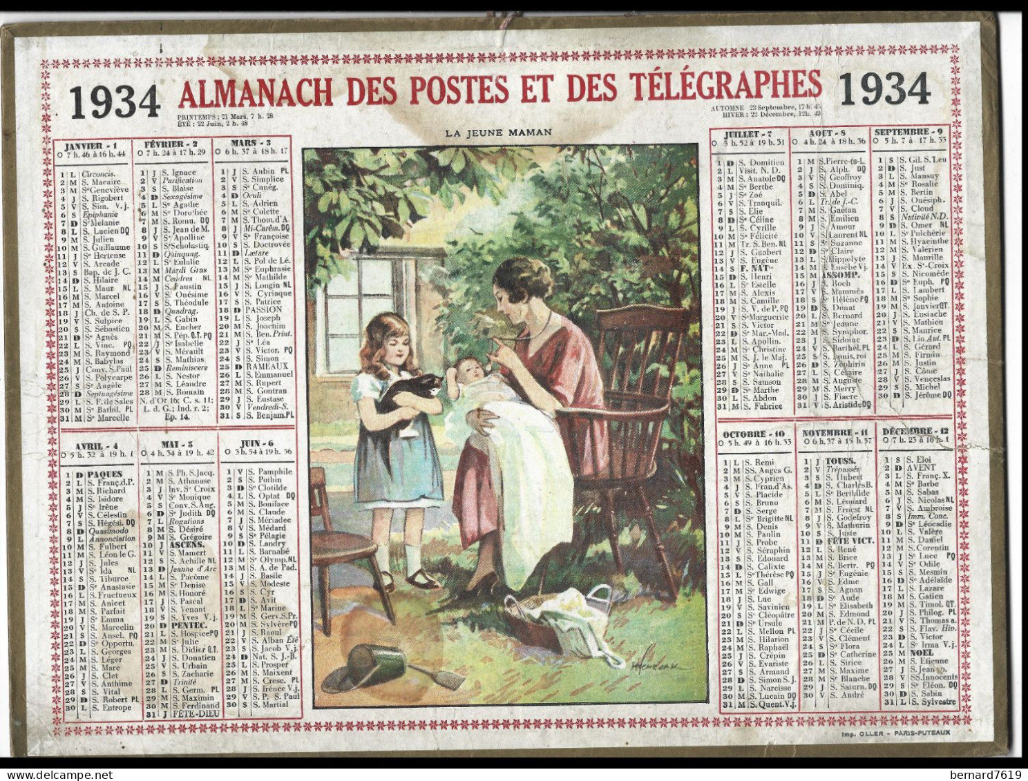 Almanach  Calendrier  P.T.T  -  La Poste -  1934  - La Jeune Maman - Tamaño Grande : 1921-40