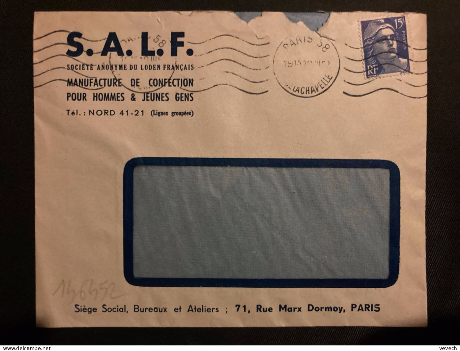 LETTRE SALF MANUFACTURE DE CONFECTION MANTEAU SALF FROID OU PLUIE TP M DE GANDON 15F OBL.MEC.10 III 52 PARIS 58 - Storia Postale