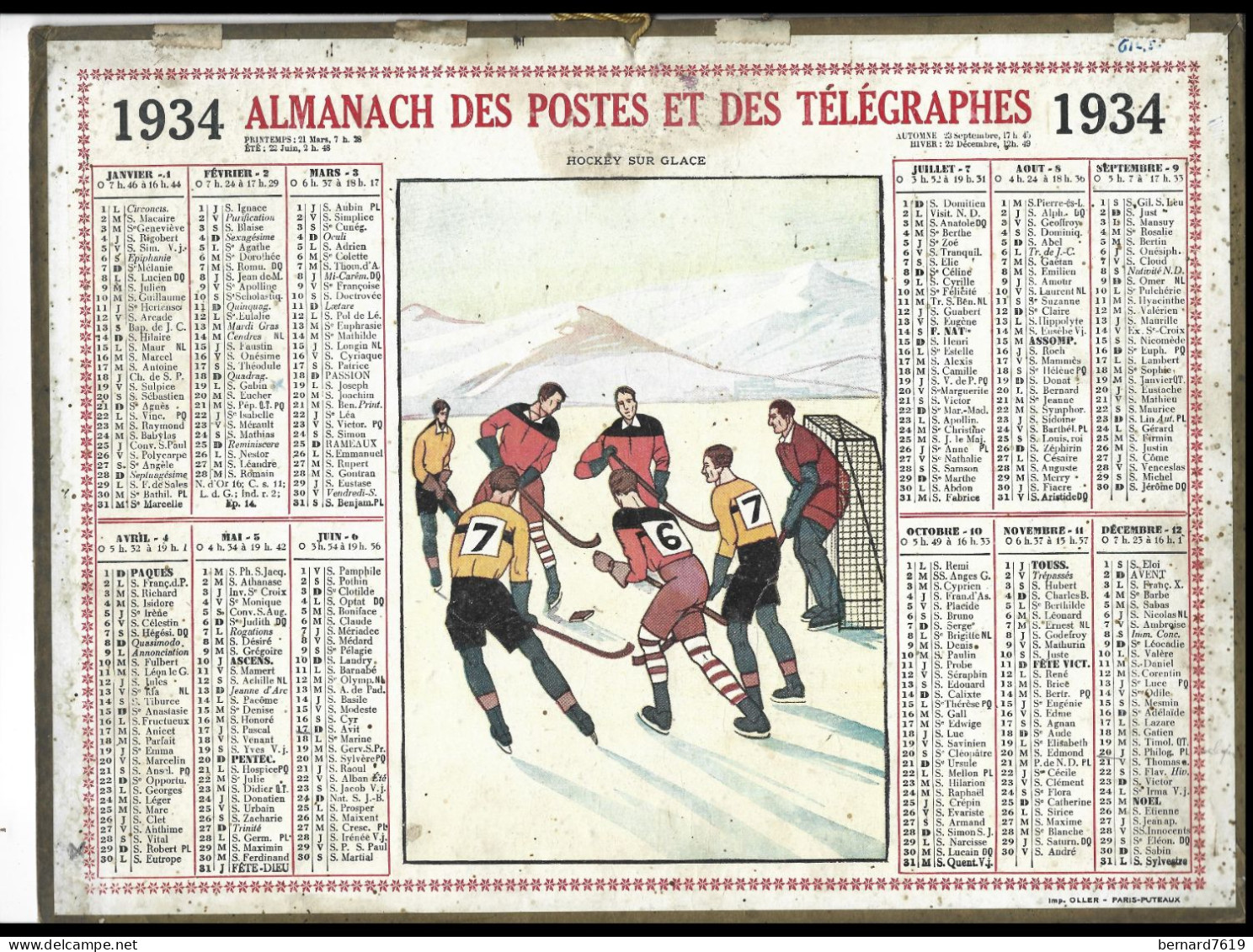 Almanach  Calendrier  P.T.T  -  La Poste -  1934  -  Hockey Sur Glace - Formato Grande : 1921-40