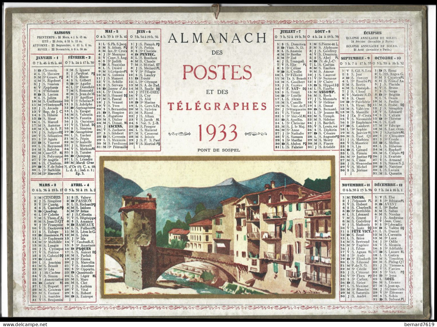 Almanach  Calendrier  P.T.T  -  La Poste -  1933  - Pont De Sospel - Tamaño Grande : 1921-40