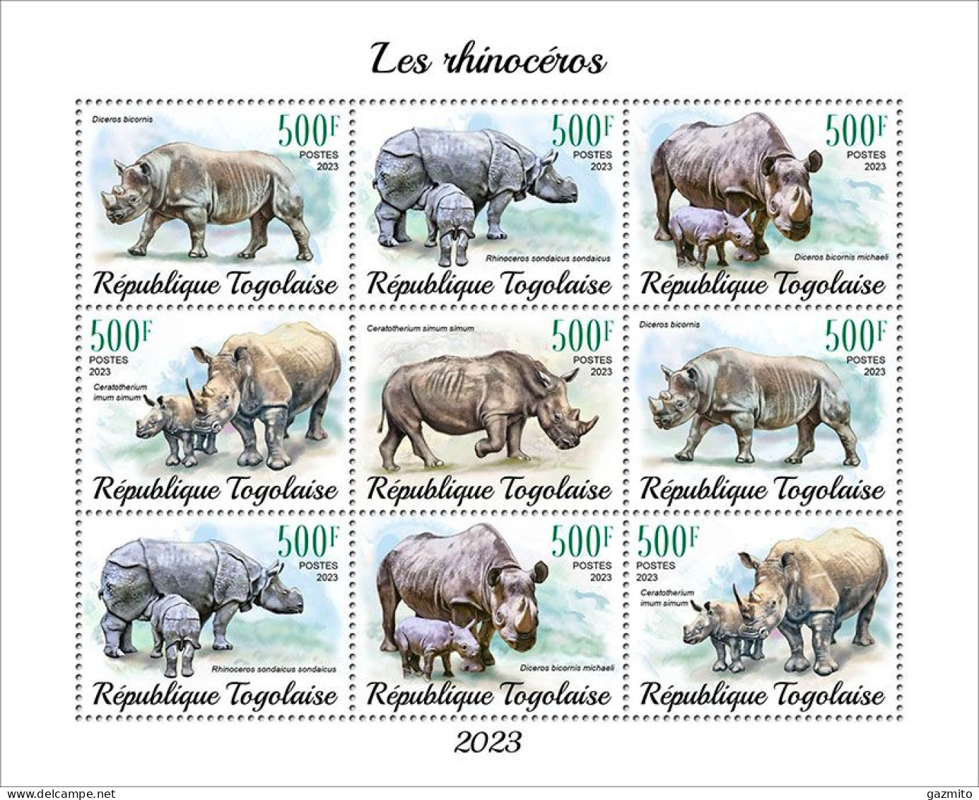 Togo 2023, Animals, Rhinos, 9val In BF - Rhinozerosse
