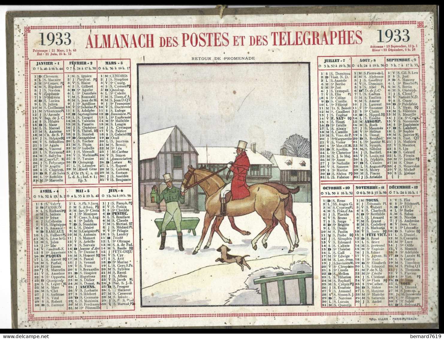 Almanach  Calendrier  P.T.T  -  La Poste -  1933  - Cheval - Retour De Promenade - Grand Format : 1921-40