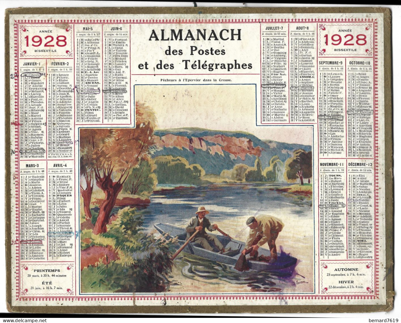 Almanach  Calendrier  P.T.T  -  La Poste -  1928  -  Pecheurs A L'epervier Dans La Ceuse - Big : 1921-40