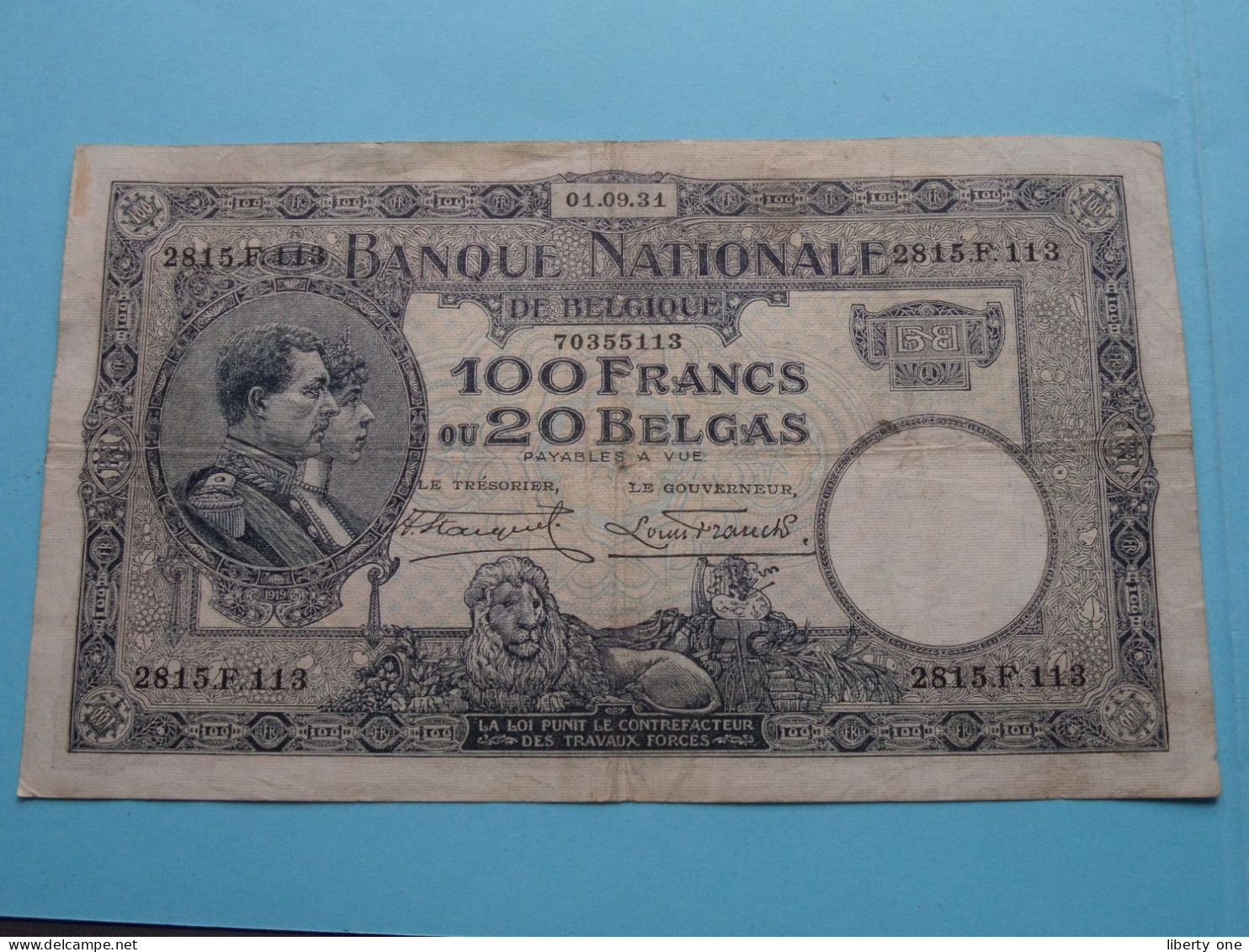 100 Francs Ou 20 BELGAS - 2815.F.113 / 70355113 ( 01-09-31 ) > ( Zie SCANS Voor Detail ) België / Belgique / Belgium ! - 100 Francs & 100 Francs-20 Belgas