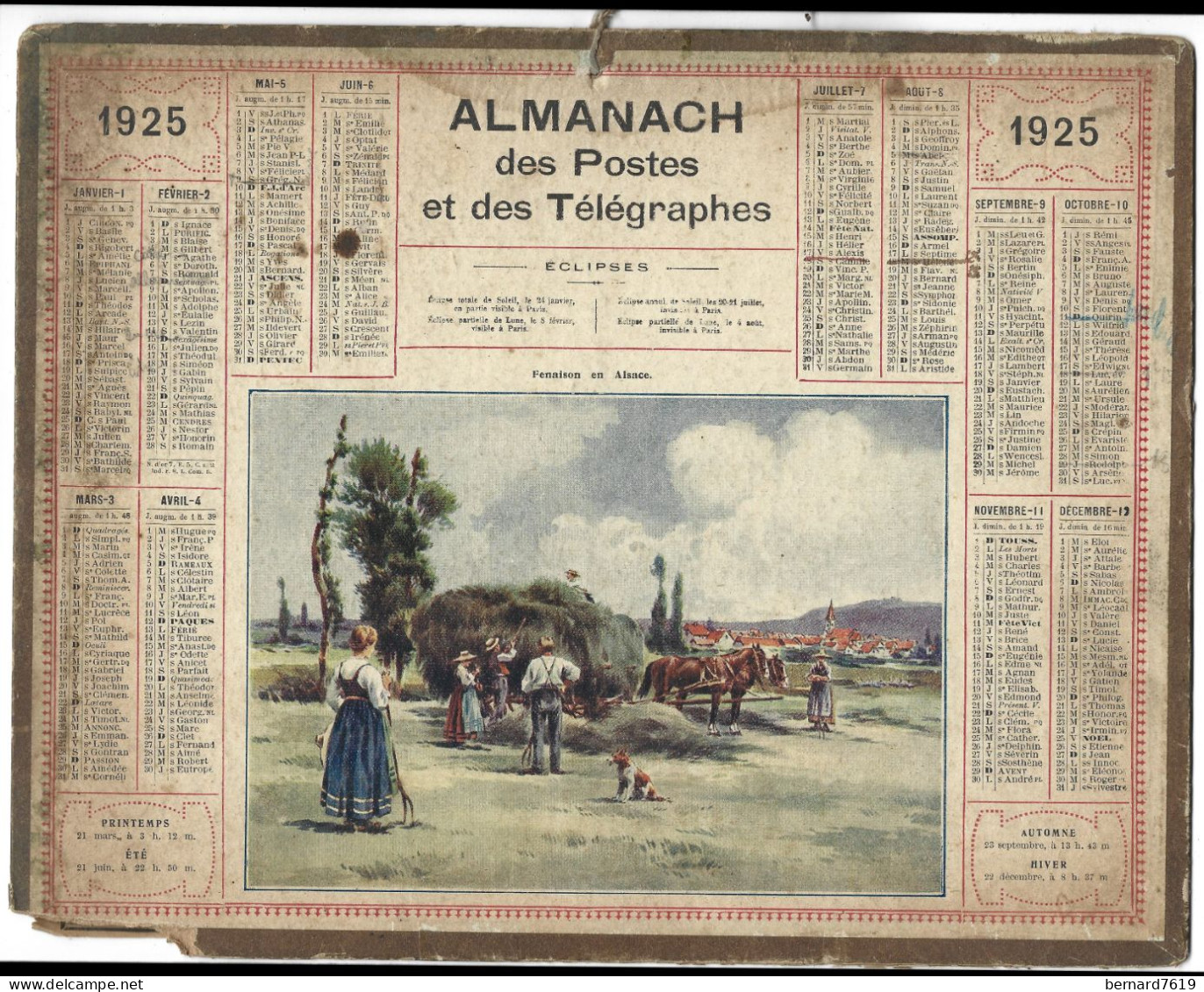 Almanach  Calendrier  P.T.T  -  La Poste -  1925  -   La Moisson - Formato Grande : 1921-40