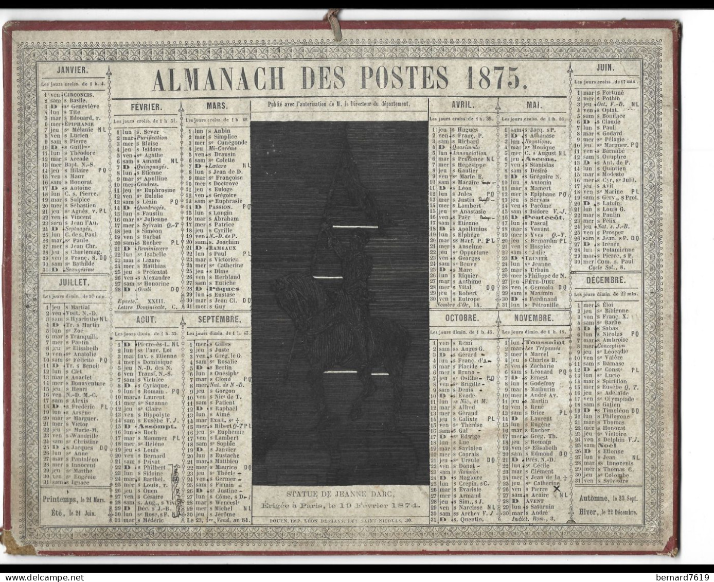 Almanach  Calendrier  P.T.T  -  La Poste -  1875 - Statue De Jeanne D'arc  Erigee A Paris 1874 - Groot Formaat: ...-1900