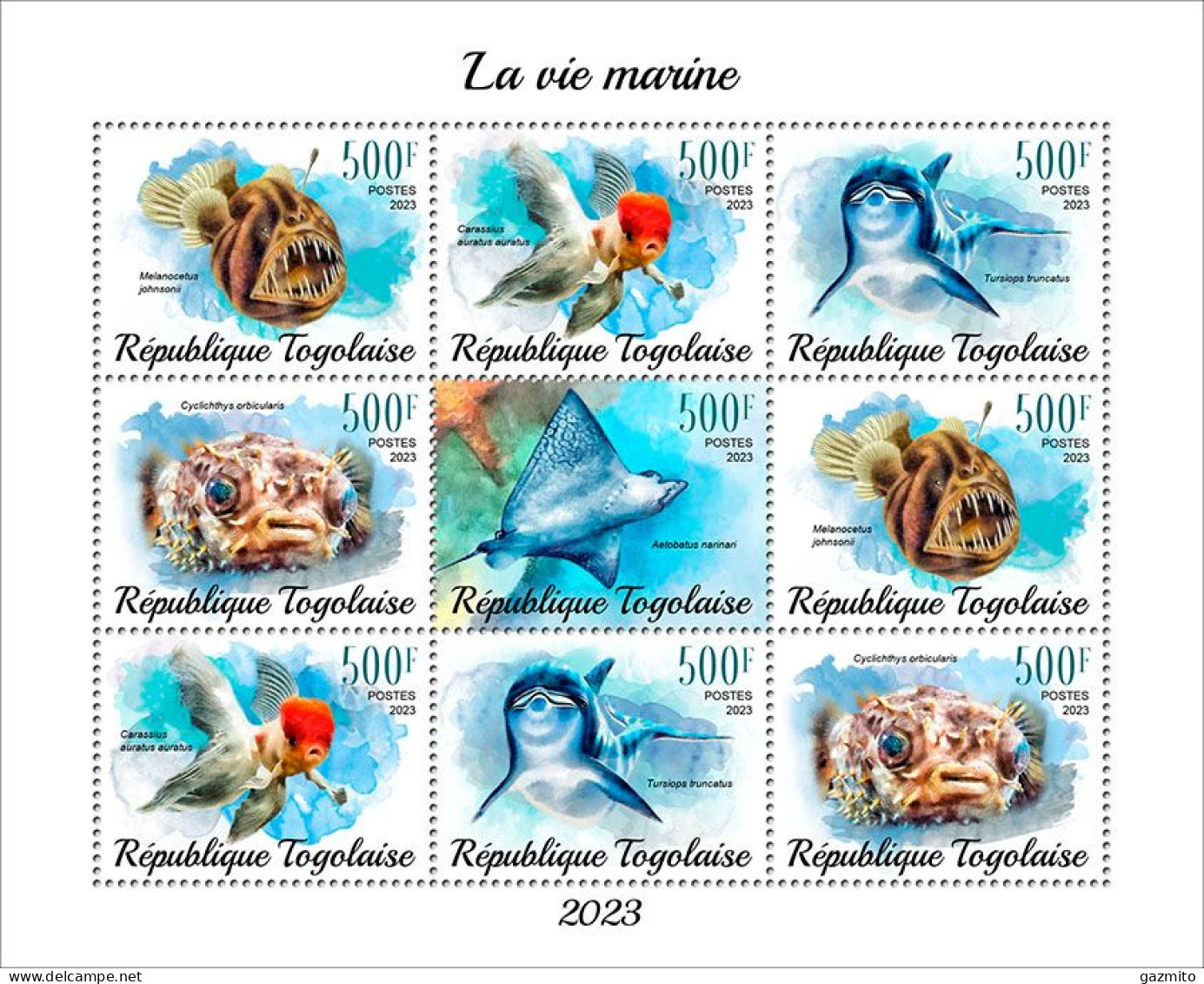 Togo 2023, Animals, Fishes, Dolphins, 9val In BF - Delfines