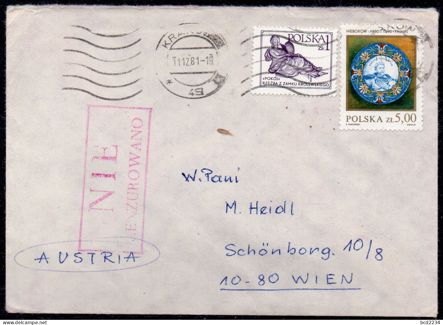 POLAND 1981 SOLIDARITY SOLIDARNOSC PERIOD MARTIAL LAW NIE CENZUROWANO NOT CENSORED MAUVE CACHET KRAKOW TO VIENNA - Storia Postale