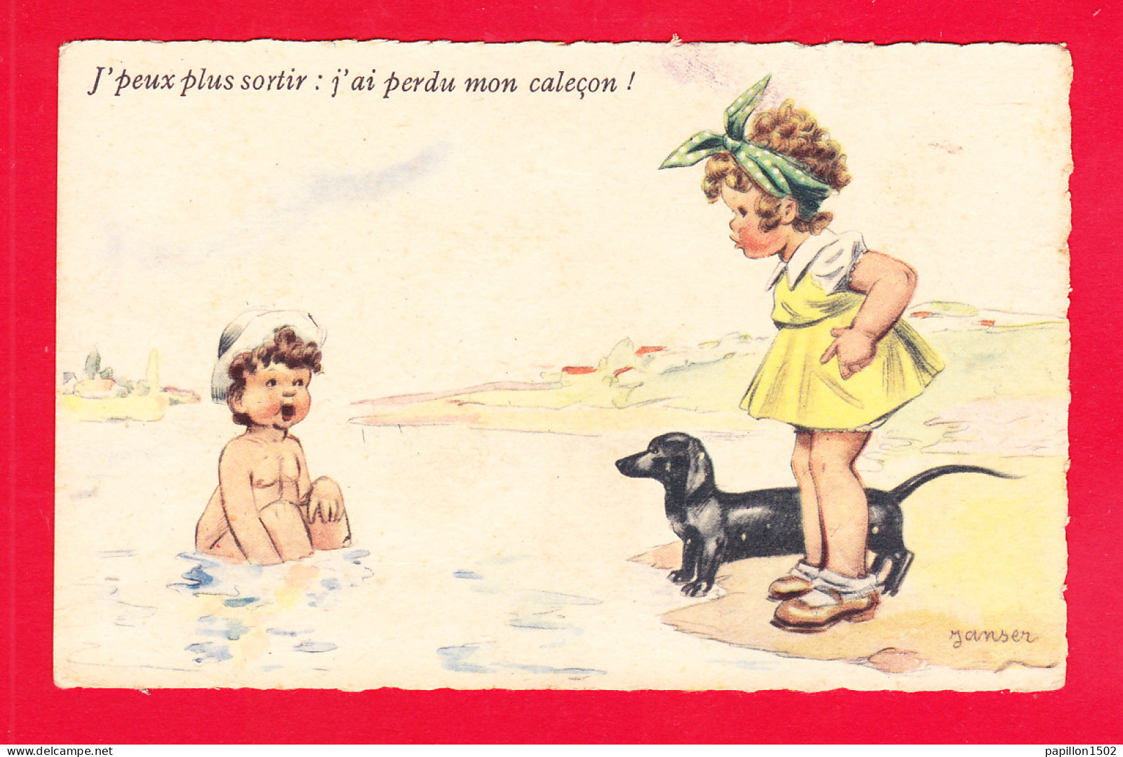 Illust-1774A59  JANSER, Enfants à La Plage, "je Ne Peux Plus Sortir, J'ai Perdu Mon Caleçon", Cpa BE - Janser