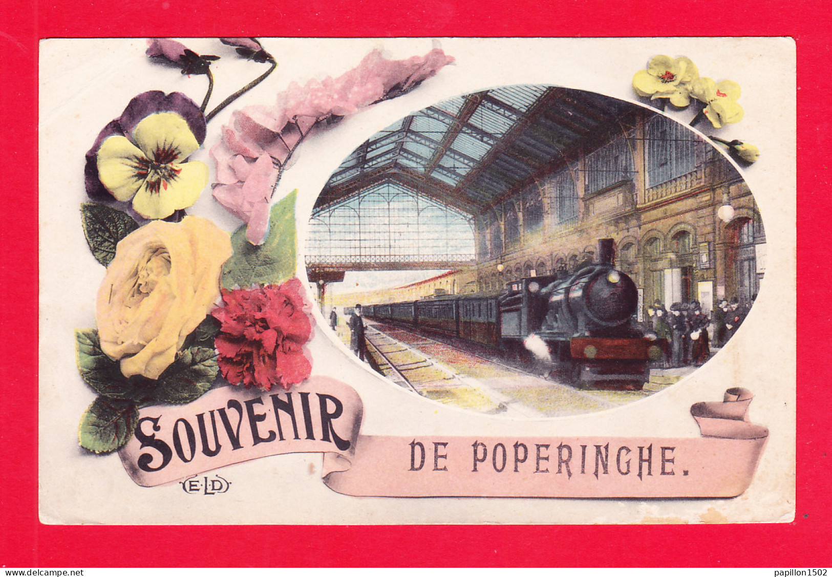 E-Belgique-500Ph118 Souvenir De POPERINGHE, Le Train En Gare, Cpa Colorisée - Poperinge