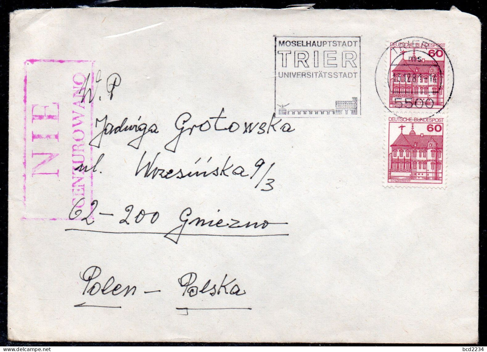 POLAND 1981 SOLIDARITY SOLIDARNOSC PERIOD MARTIAL LAW NIE CENZUROWANO NOT CENSORED MAUVE CACHET TRIER GERMANY TO GNIEZNO - Brieven En Documenten