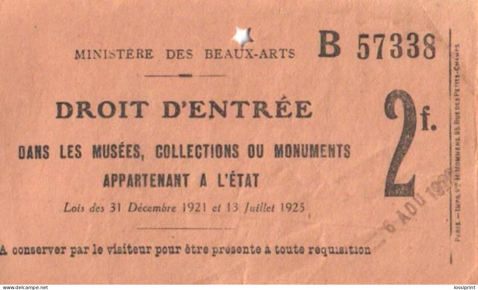 France:Ministere Des Beaux-Arts, Droit D'entree Dans Les Musees, Collections Ou Monument, Museum Tickes, 1921-1925 - Biglietti D'ingresso