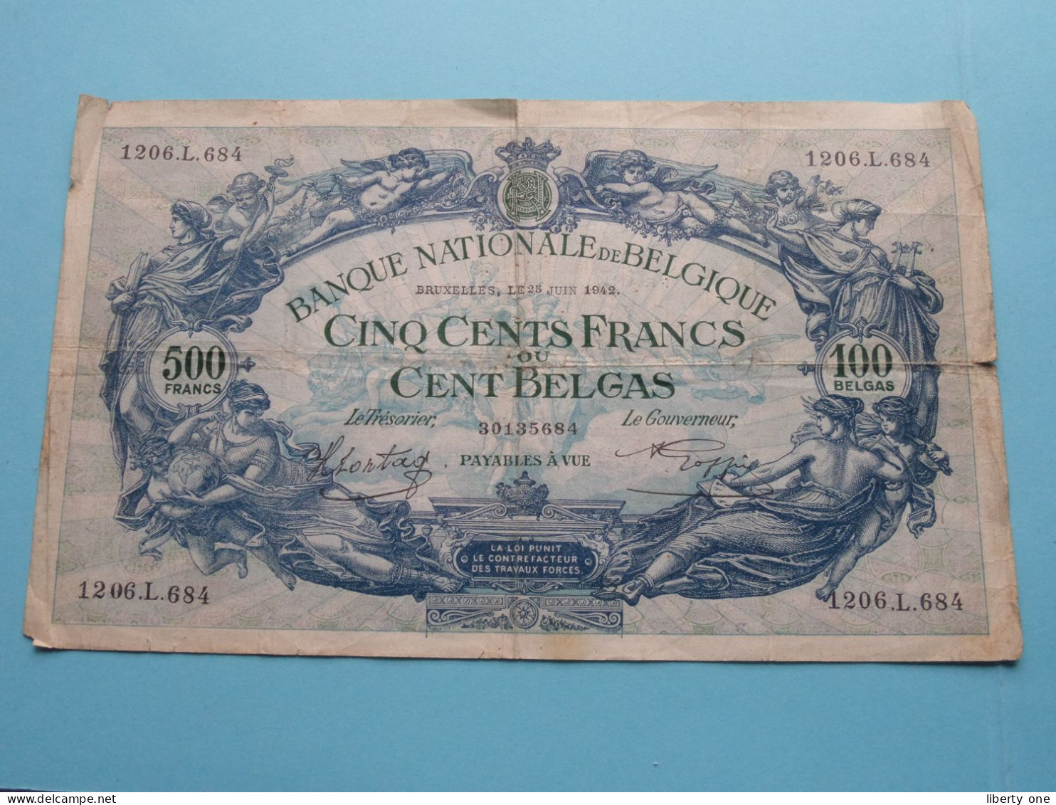 500 Cent Francs / 100 Belgas 1206.L.684/30135684 > 25 Juin 1942 ( Zie SCANS Voor Detail ) België / Belgique / Belgium ! - 500 Franchi-100 Belgas