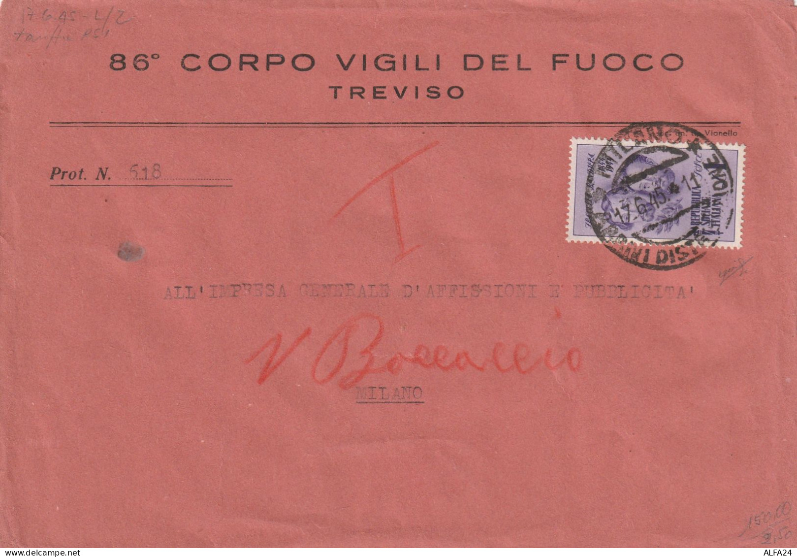 LETTERA 1945 LUOGOTENENZA L.1 F.BANDIERA ISOLATO TIMBRO MILANO  -VIGILI FUOCO (XT500R - Marcophilie