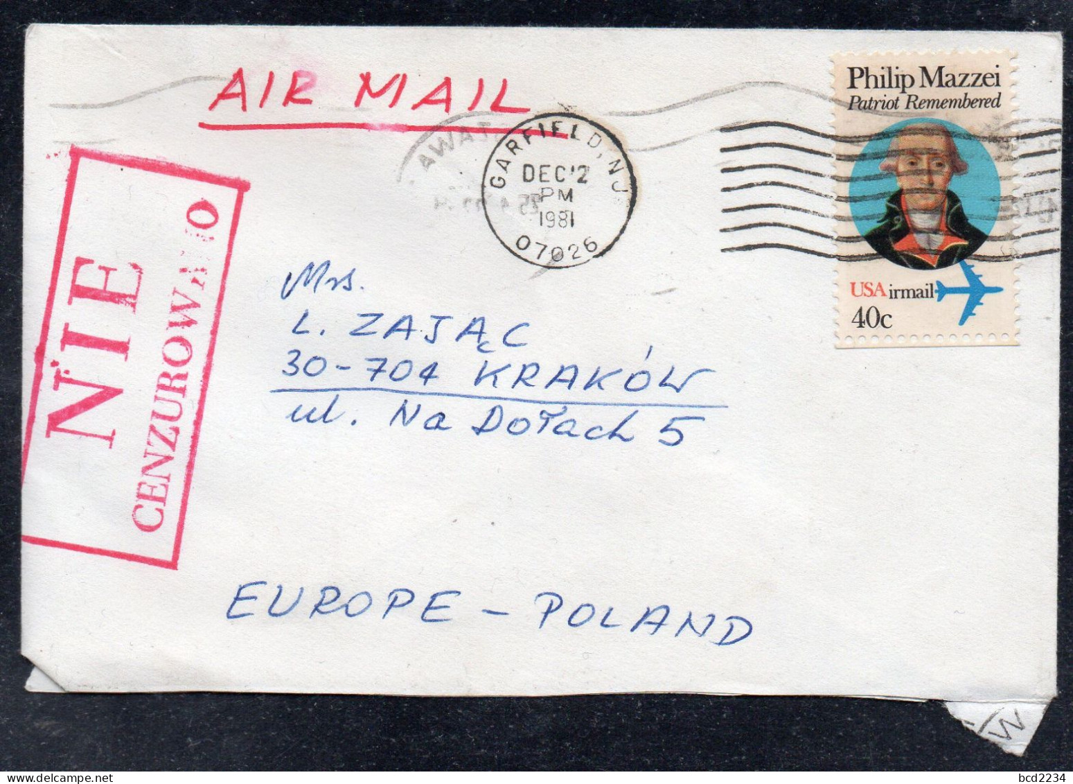 POLAND 1981 SOLIDARITY SOLIDARNOSC PERIOD MARTIAL LAW NIE CENZUROWANO NOT CENSORED RED CACHET USA TO KRAKOW - Cartas & Documentos