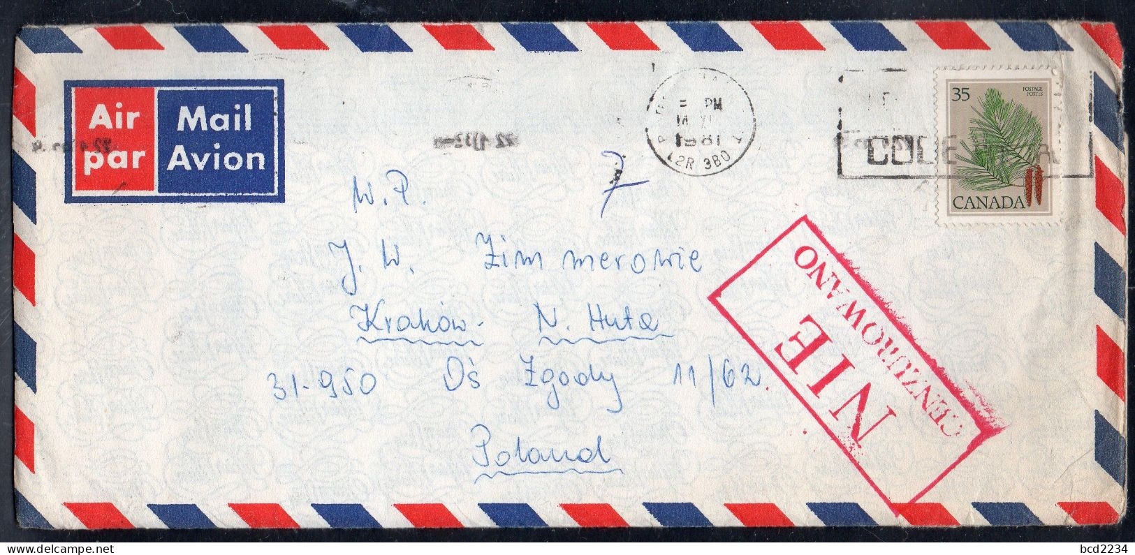 POLAND 1981 SOLIDARITY SOLIDARNOSC PERIOD MARTIAL LAW NIE CENZUROWANO NOT CENSORED RED CACHET CANADA TO KRAKOW - Storia Postale