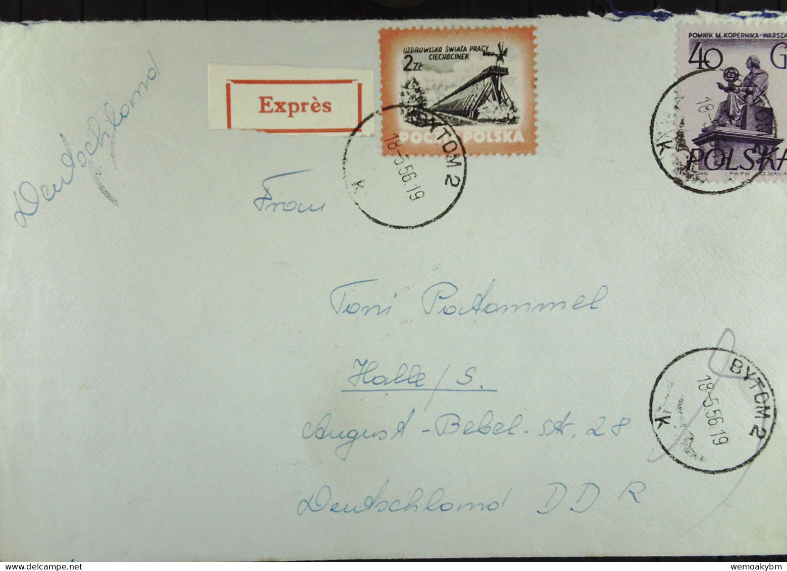 Polen: Eil-Brief Mit POLSKA 40 Gr Und 2 Zt Vom 18.5.1956 Aus BYTOM 2 Nach Halle (Saale) - Cartas & Documentos