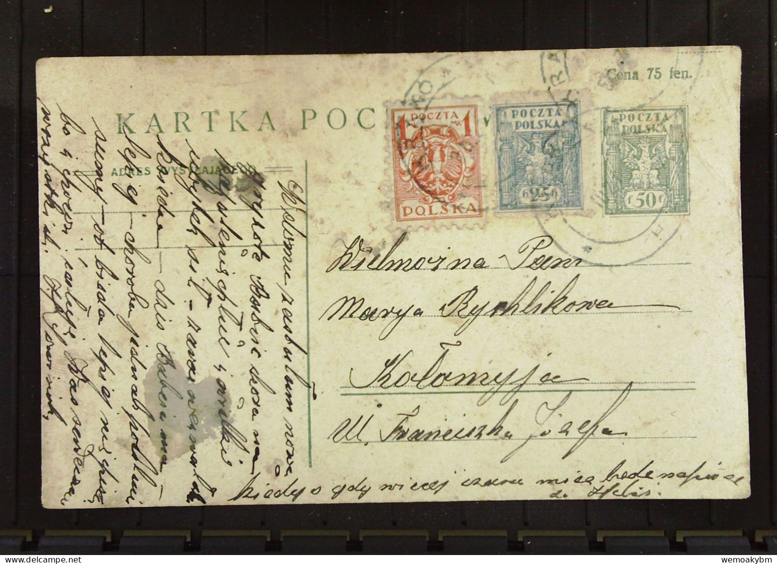 Polen: Ganzsachen-Postkarte Mit POLSKA 50 F Und Zusatz-Marken 25 H Und 1 Mk Um 1920 - Lettres & Documents