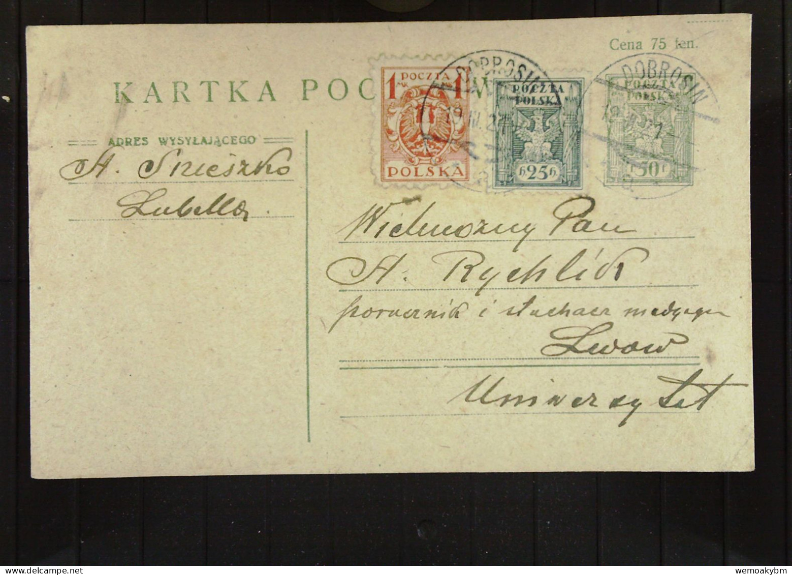 Polen: Ganzsachen-Postkarte Mit POLSKA 50 F Und Zusatz-Marken 25 H Und 1 Mk Vom 19.3.1921 Aus DOBROSIN Nach Lwow - Brieven En Documenten