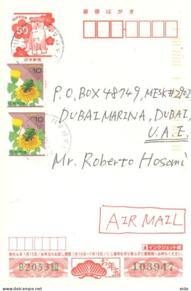 JAPAN  - 2012,  HAPPY NEW YEAR POSTCARD WITH STAMPS SENT TO DUBAI. - Cartas & Documentos