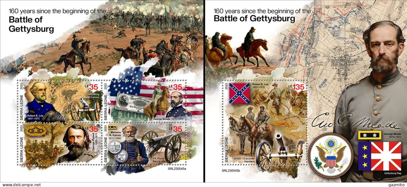 Sierra Leone 2023, Battle Of Gettysburg, Horses, Map, 4val In BF +BF - Onafhankelijkheid USA