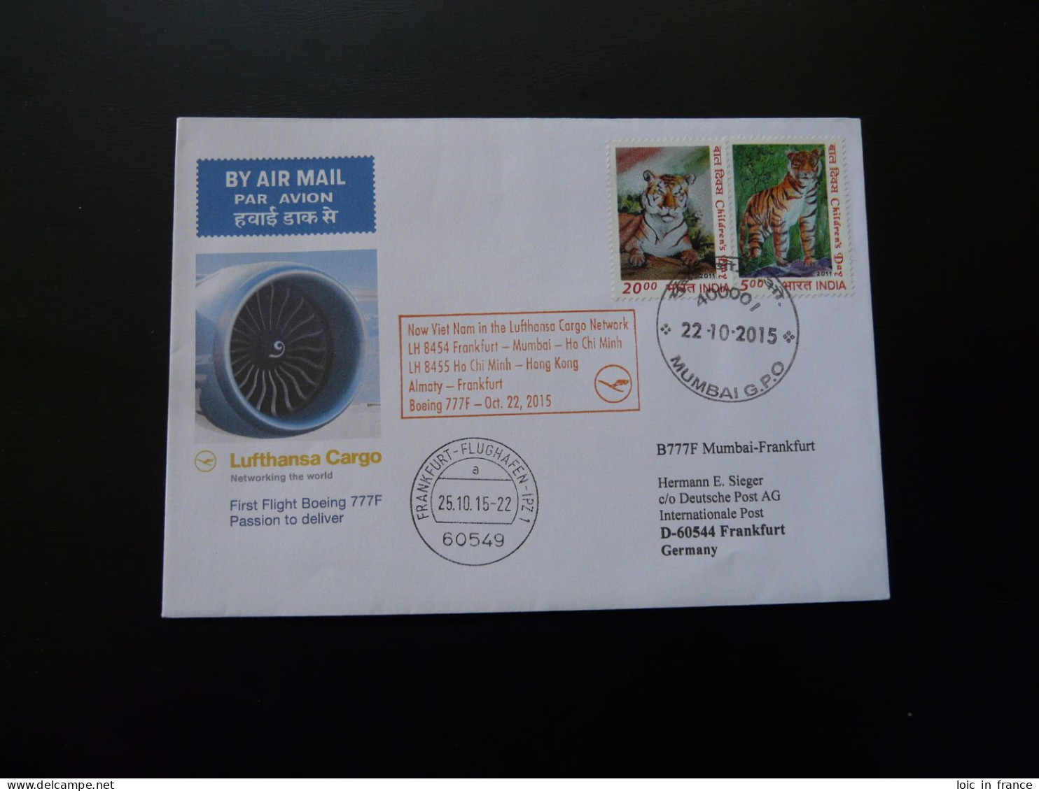 Lettre Premier Vol First Flight Cover Mumbai India To Frankfurt Boeing 777 Lufthansa 2015 - Covers & Documents