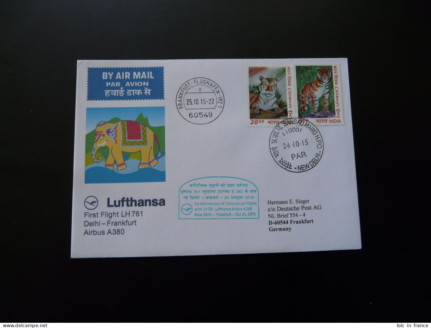 Lettre Premier Vol First Flight Cover New Delhi India To Frankfurt Airbus A380 Lufthansa 2015 - Cartas & Documentos