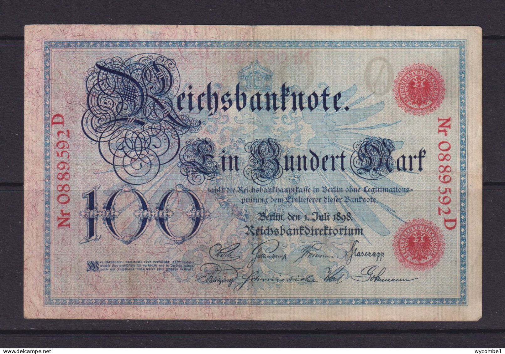 GERMANY - 1898 100 Mark Circulated Banknote - 100 Mark