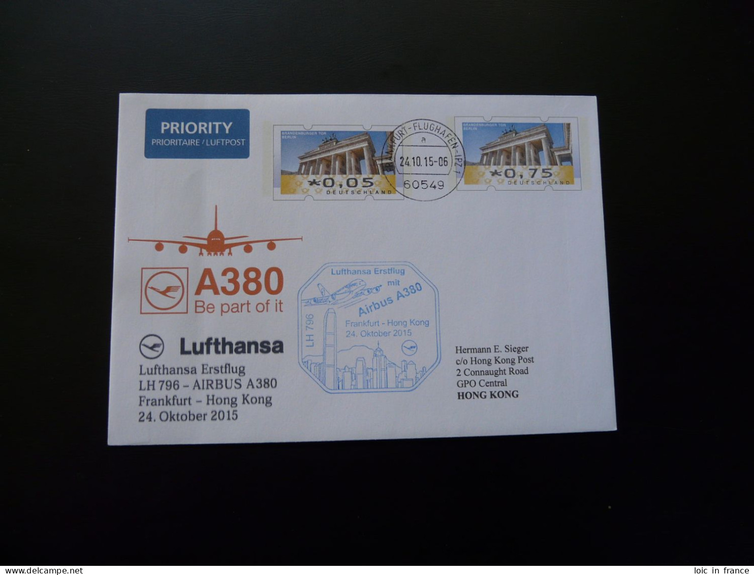 Lettre Premier Vol First Flight Cover Frankfurt Hong Kong Airbus A380 Lufthansa 2015 - Privé Briefomslagen - Gebruikt