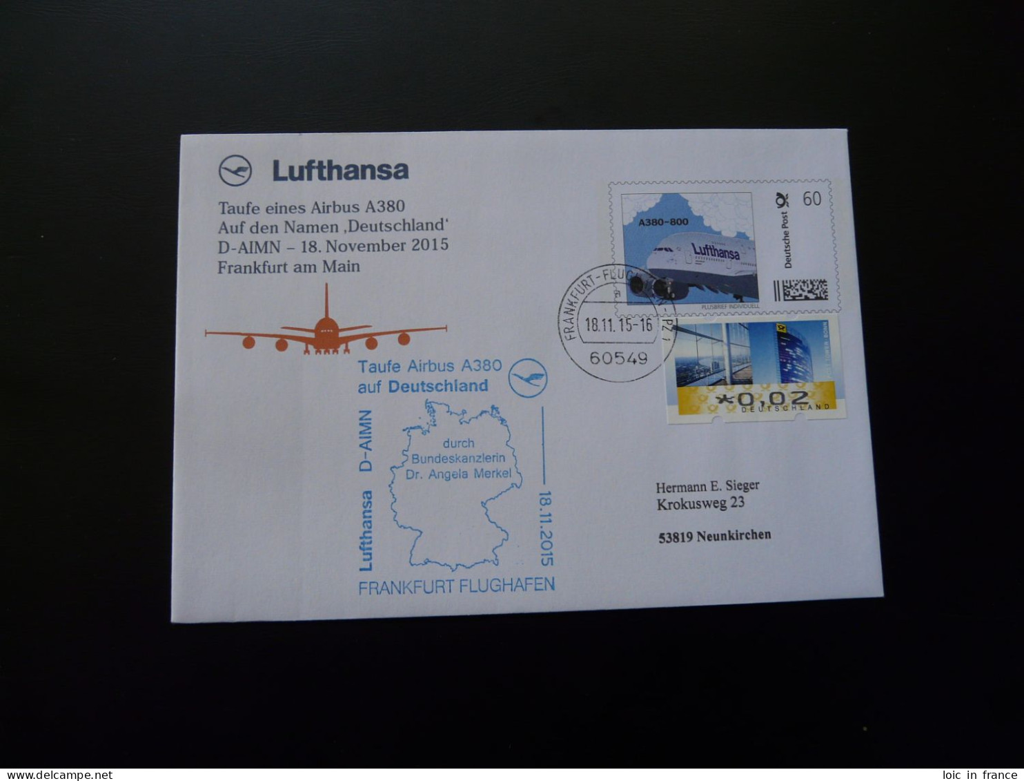 Entier Postal Plusbrief Stationery Taufe Des Airbus A380 Lufthansa 2015 (Frankfurt) - Privé Briefomslagen - Gebruikt