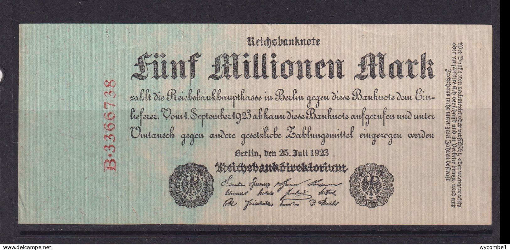 GERMANY - 1923 5 Millionen Mark Circulated Banknote - 5 Millionen Mark