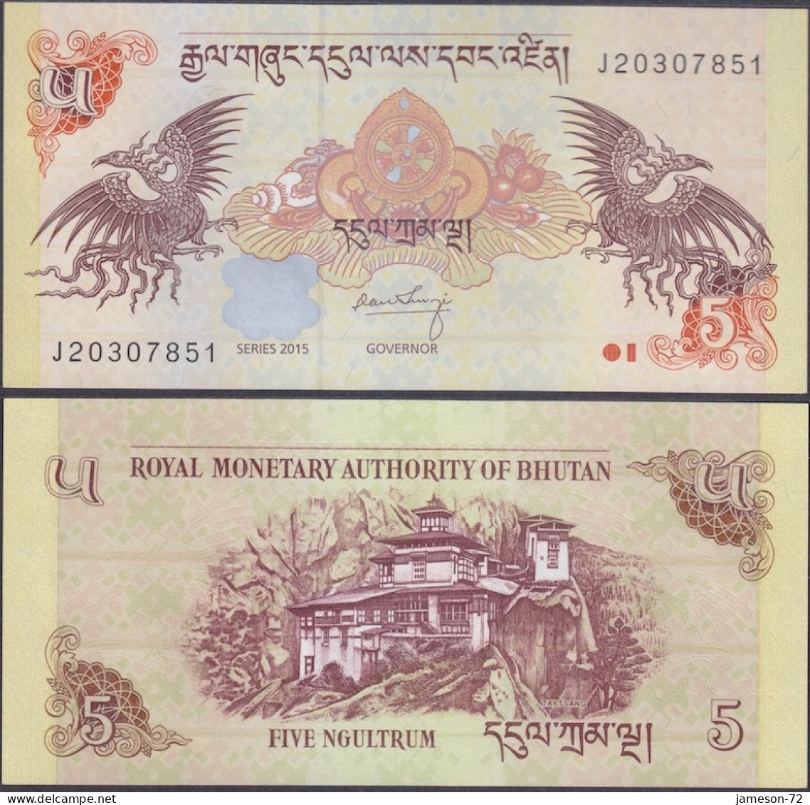 BHUTAN - 5 Ngultum 2015 P# 28c Asia Banknote - Edelweiss Coins - Bhután