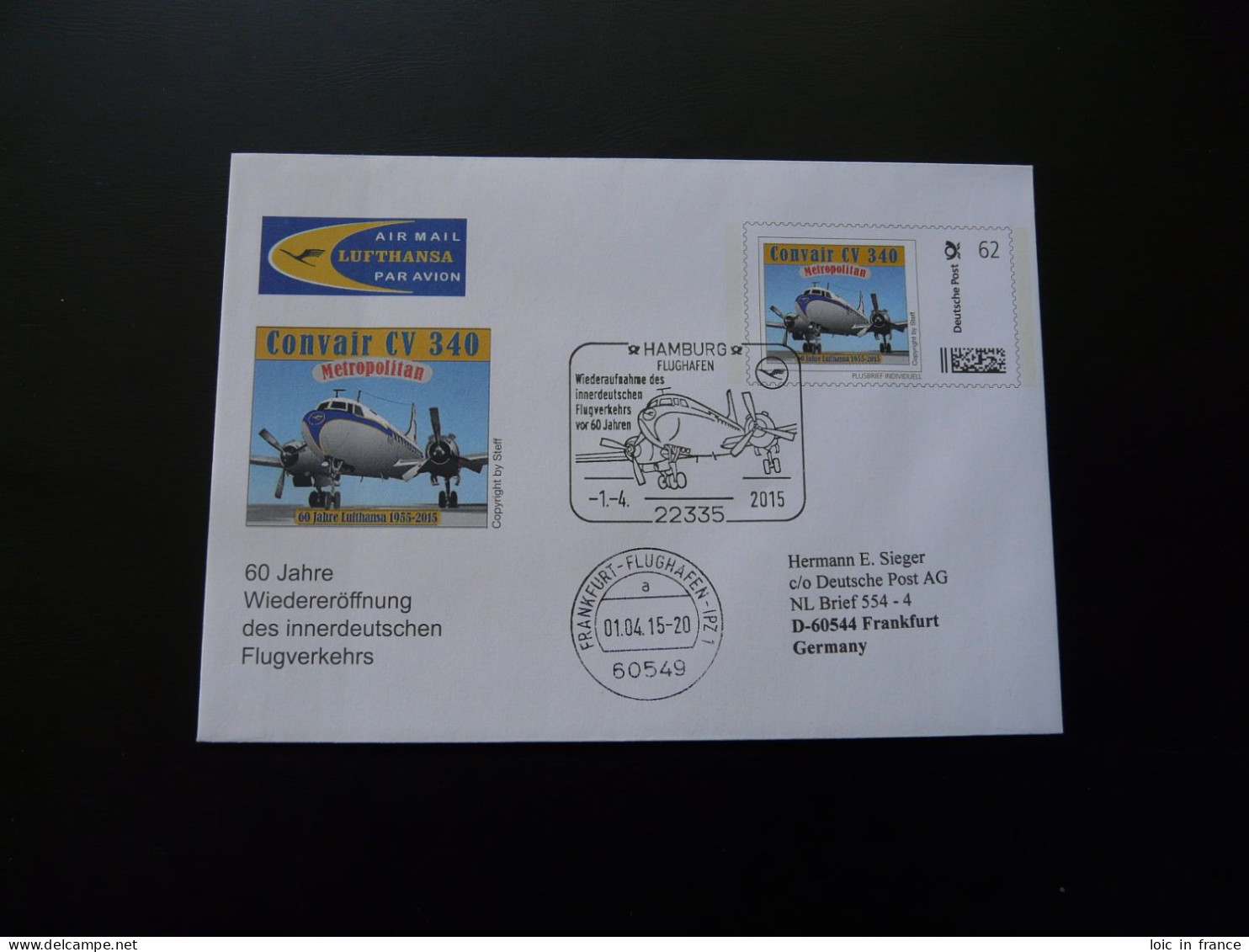 Aviation Plusbrief Individuell Convair CV340 Lufthansa 2015 (vol Lufthansa Flight Hamburg Frankfurt) - Private Covers - Used