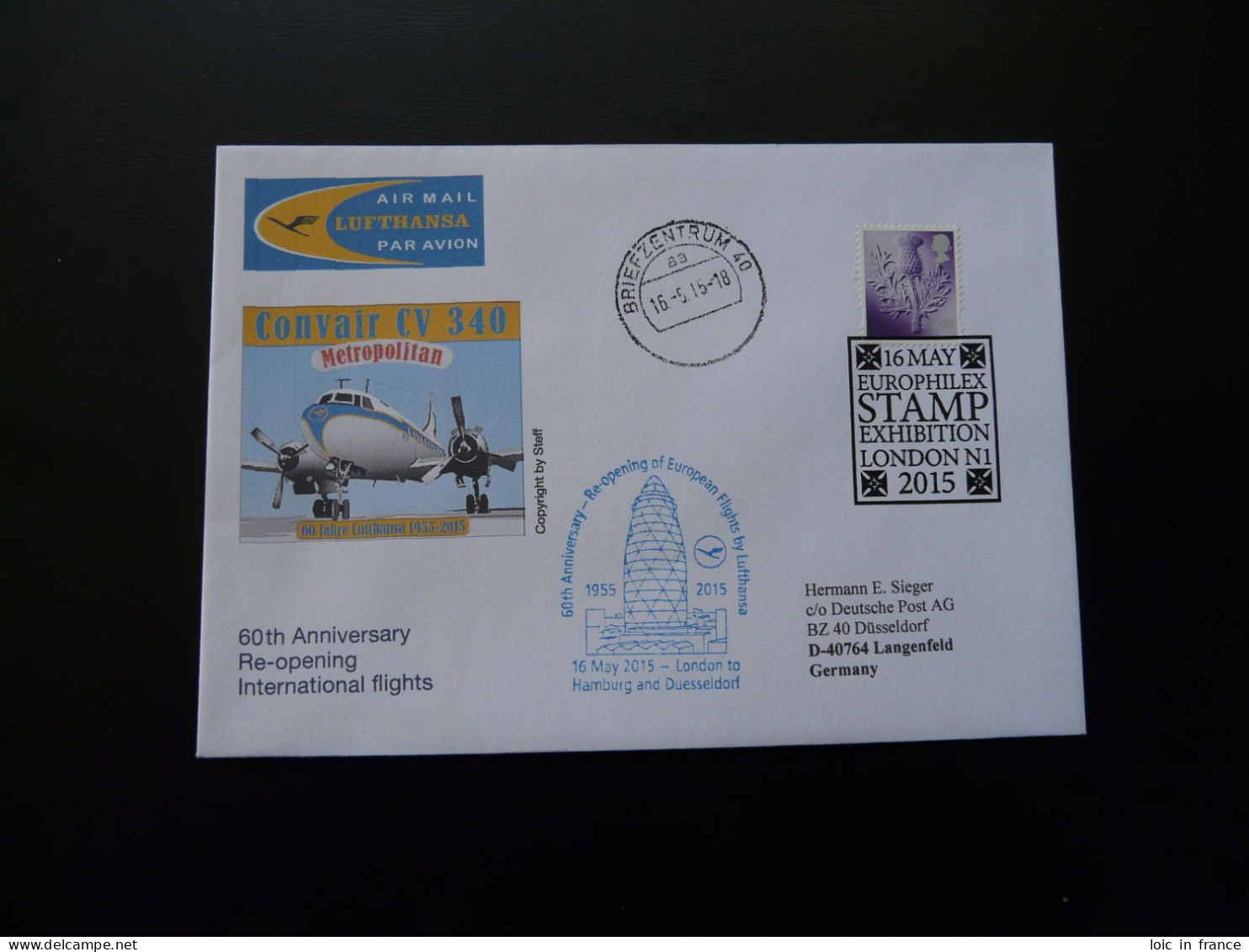 Lettre Vol Special Flight Cover London Europhilex Exposition To Dusseldorf Lufthansa 2015 - Cartas & Documentos